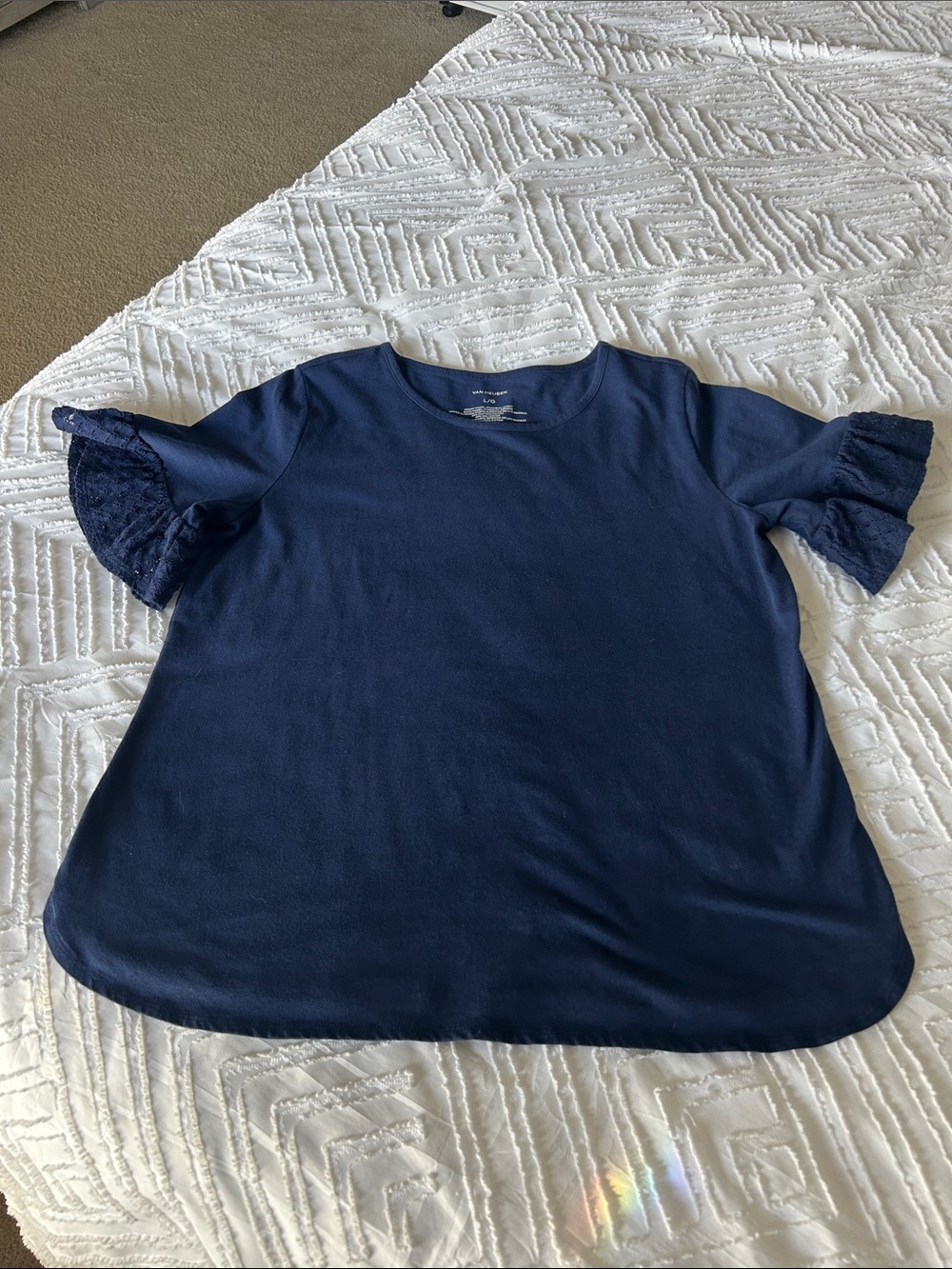 Van Heusen Women's Blue Round Neck Ruffled Bell Sleeves Blouse Top Size Large